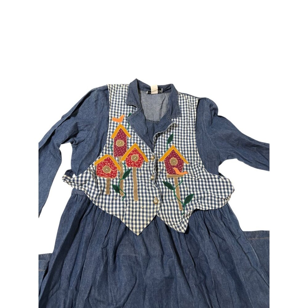 Vintage Donna Small Chambray Denim Dress With Vest Front and Tie Backs Long Slee - Picture 2 of 7